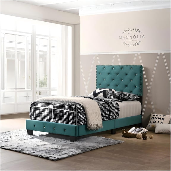 JERFIT Twin Size Bed Frame with Storage, Green Velvet Upholstered Platform Bed with Headboard, Easy Assembly
