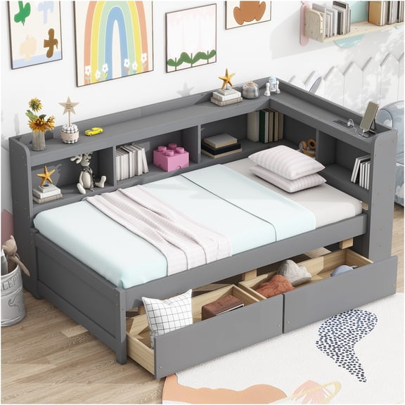 JERFIT Twin Size Bed with L-Shaped Shelves, 2 Drawers, Built-in Power Outlets USB/Type-C Charging Station, Grey Modern Platform Bed Frame
