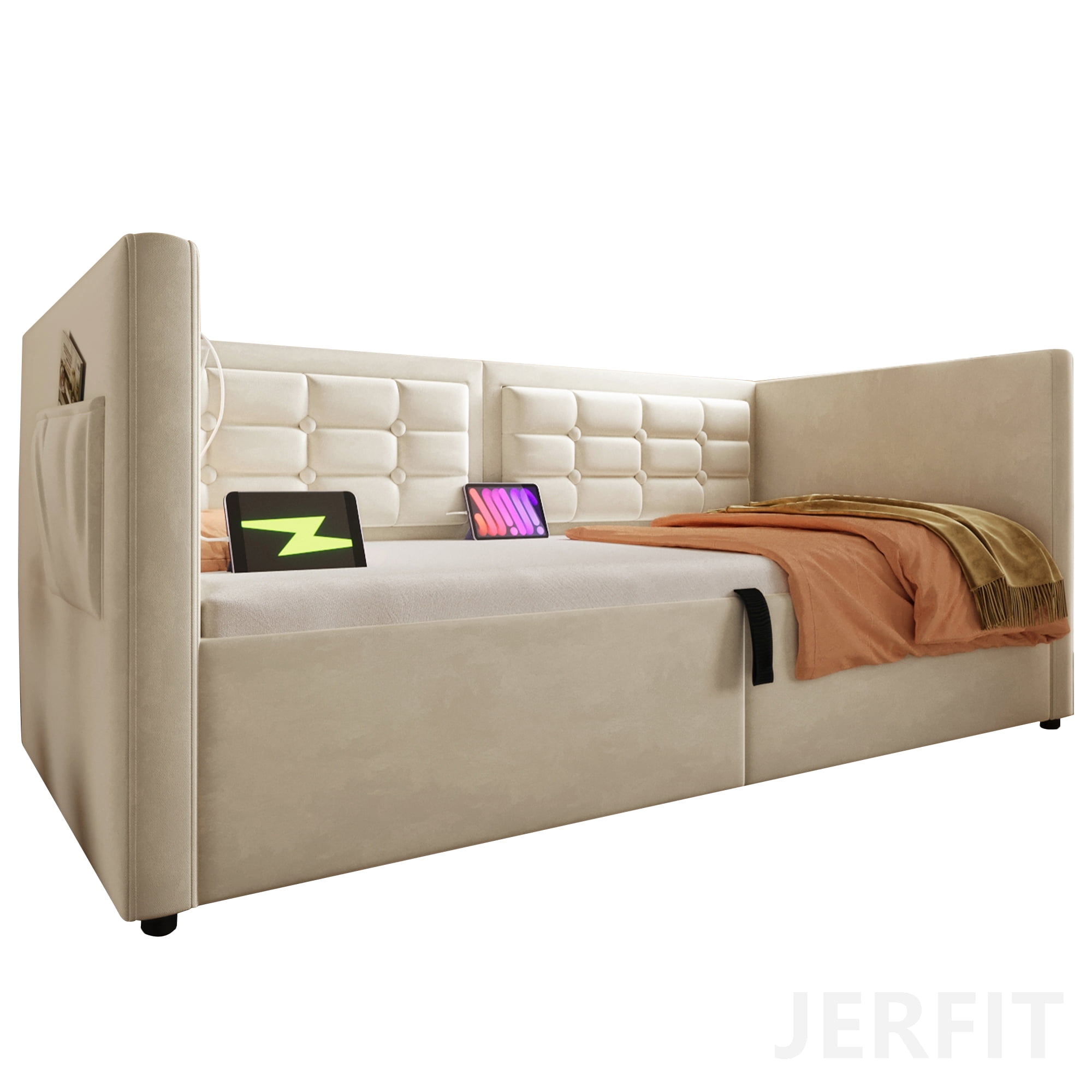 JERFIT-Twin Size Beige Velvet Upholstered Daybed with Wooden Slats for ...