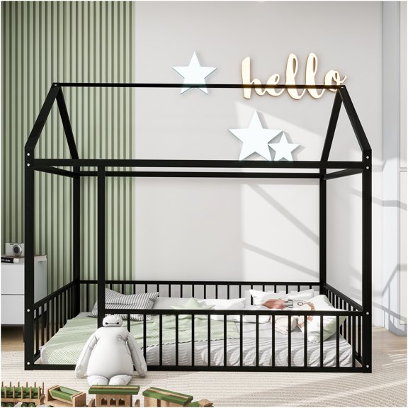 JERFIT Twin Size Black Metal House Bed Frame with Fence Roof, Playful Cottage Design for Themed Bedrooms, No Box Spring Needed, 6+ Year Age Recommendation