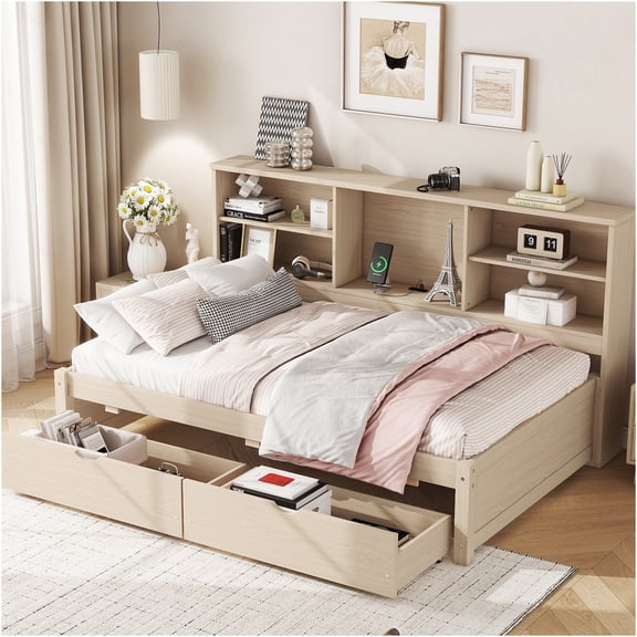 JERFIT Twin Size Daybed with Bookshelves, 2 Storage Drawers, USB Type-C Charging Ports, No Box Spring Needed, Natural Wood Finish