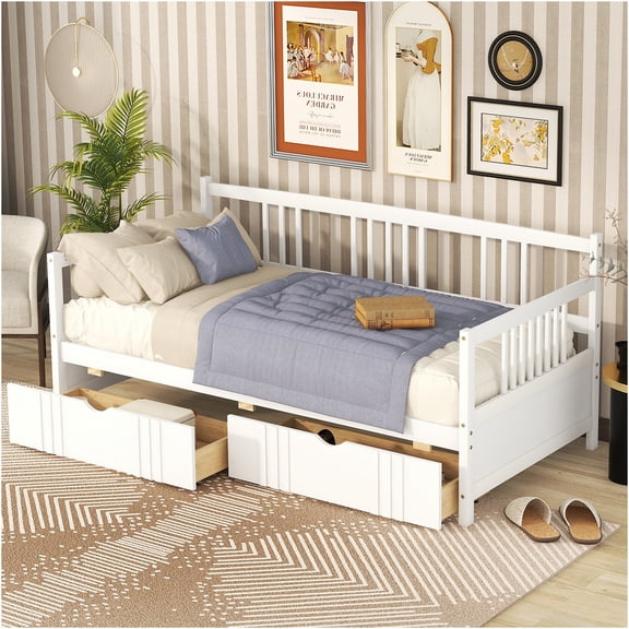 JERFIT Twin Size Daybed with Storage Drawers, White Solid Wood Sofa Bed for Small Spaces