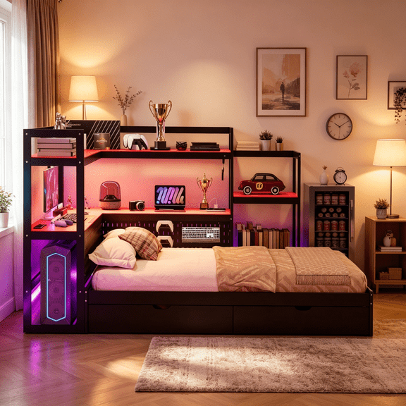 JERFIT Twin Size Gaming Bed with Built-in Desk, LED Lights, Charging Station, Storage Drawers, and Headboard Bookcase, Black and Red