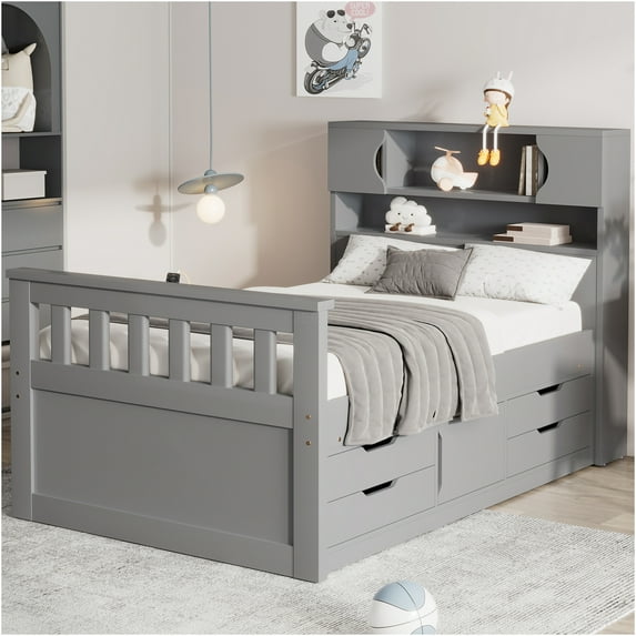 JERFIT Twin Size Gray Captain Storage Bed Frame with Bookcase Headboard 4 Drawers, No Box Spring Needed Platform Bed