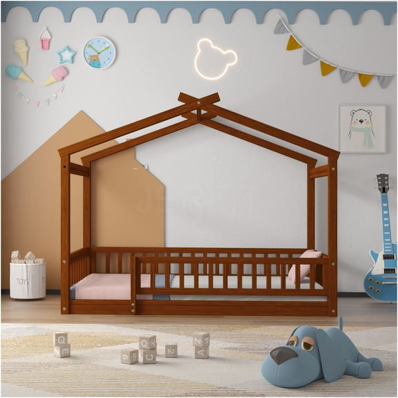 JERFIT Twin Size House Bed Frame with Fence Roof, Mid-Century Modern Wood Bed Frame for Small Spaces, Walnut Finish