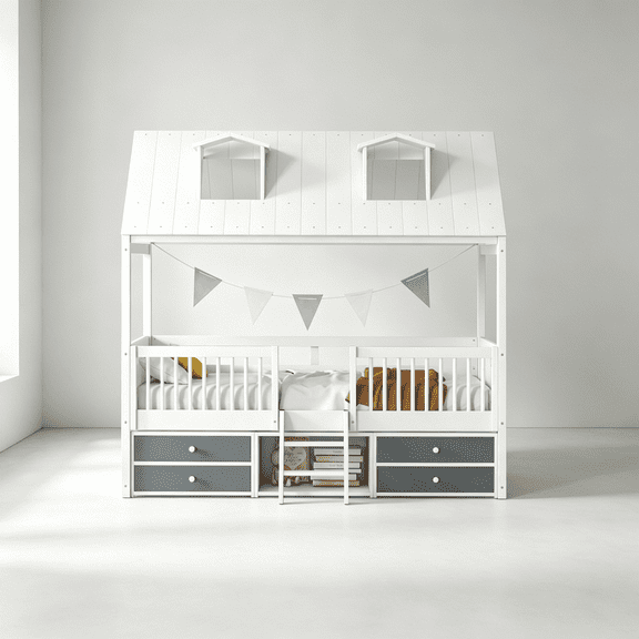 JERFIT Twin Size House Bed Frame with Roof, Fence, Ladder & Storage, Wooden Playhouse Bed for Kids, White