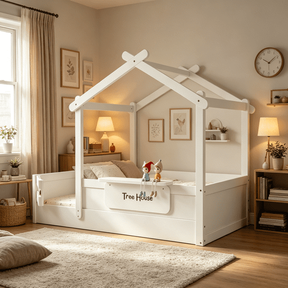 JERFIT Twin Size House Floor Bed with Roof, Guardrails, Built-in Tray & Personalizable Signboard, Low-Profile Wooden Bed Frame for Kids Room, Easy Assembly, Light White