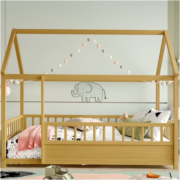 JERFIT- Twin Size Natural Wooden Floor Bed Frame with House Roof Design & Fence Guardrails, Low-Profile Kids Bed for Bedroom & Playroom