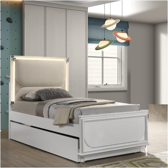 JERFIT Twin Size LED Upholstered Bed Frame with Crystal Acrylic Headboard, Pearl White Glam Platform Bed, No Box Spring Needed