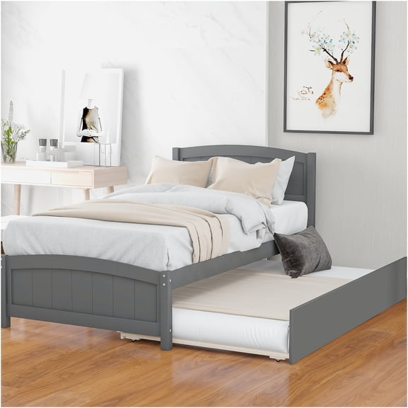 JERFIT Twin Size Low Profile Platform Bed Frame with Pull Out Trundle, Gray, Solid Wood Construction, No Box Spring Needed