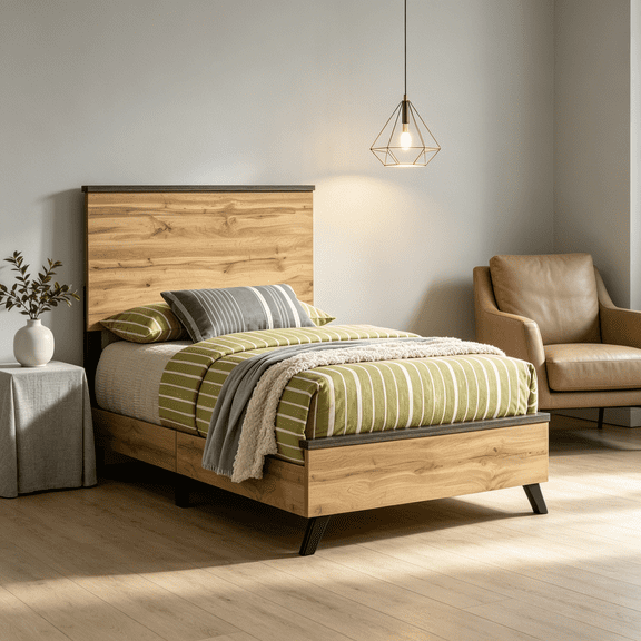 JERFIT Twin Size Panel Bed with Headboard and Footboard, Modern Farmhouse Bed Frame in Weathered Brown and Natural Pine Finish, Rustic Wood Grain Design for Bedroom