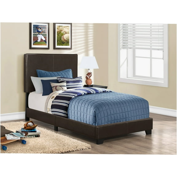 JERFIT Twin Size Platform Bed Frame with Upholstered Headboard, Faux Leather Brown, Low Profile Modern Design for Small Spaces
