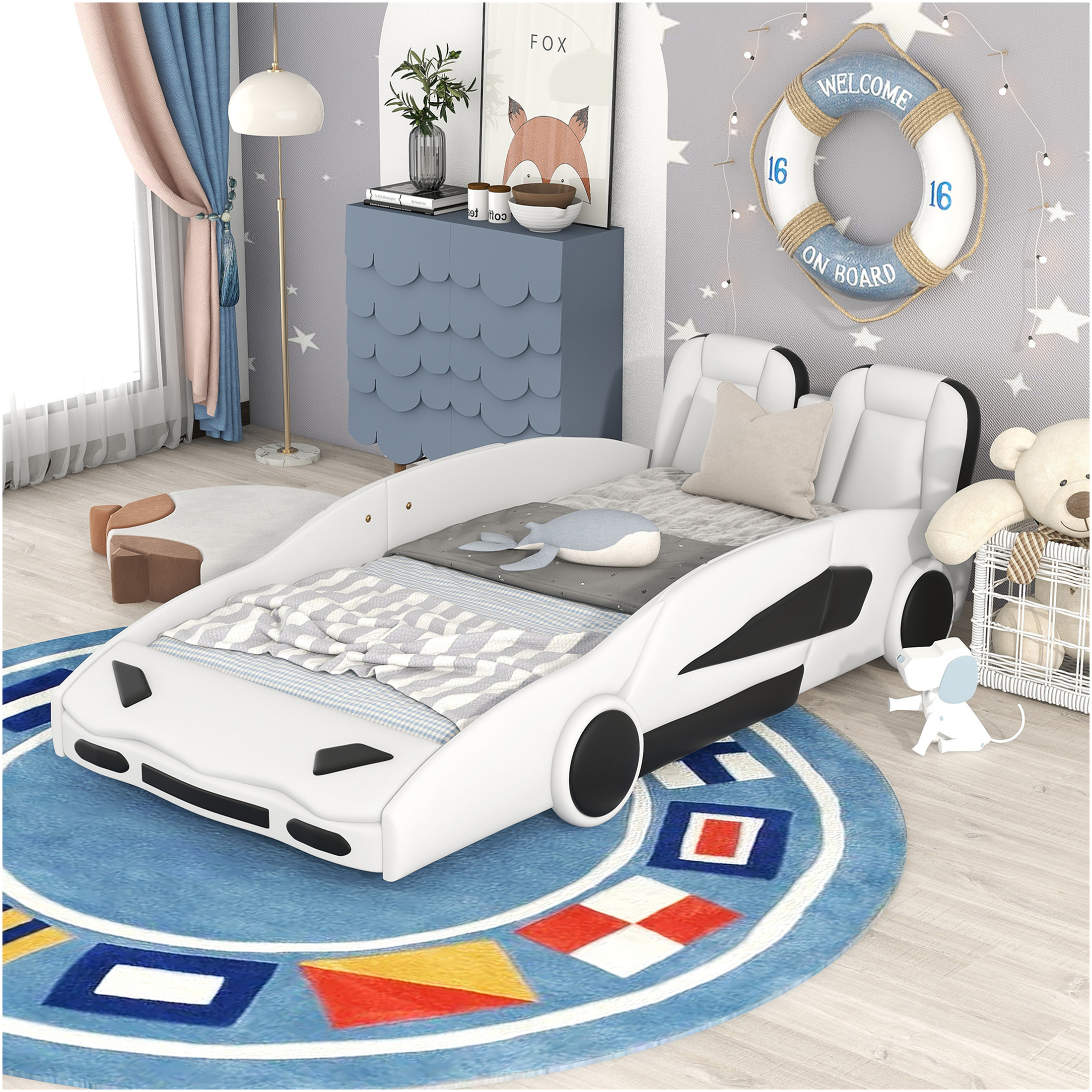 JERFIT Twin Size Race Car Bed Frame with Wheels, White PU Leather Platform Bed with Safety Guardrails Wood Slats Support, No Box Spring Needed