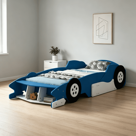 JERFIT Twin Size Race Car Bed for Boys, Blue Platform Bed with Wheels, Sturdy Plywood Frame, Easy Assembly, No Box Spring Needed