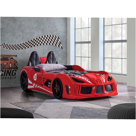 JERFIT Twin Size Race Car Bed with LED Lights, Magnetic Doors Sound Effects, Upholstered Headboard, Red Modern ABS Leather Design