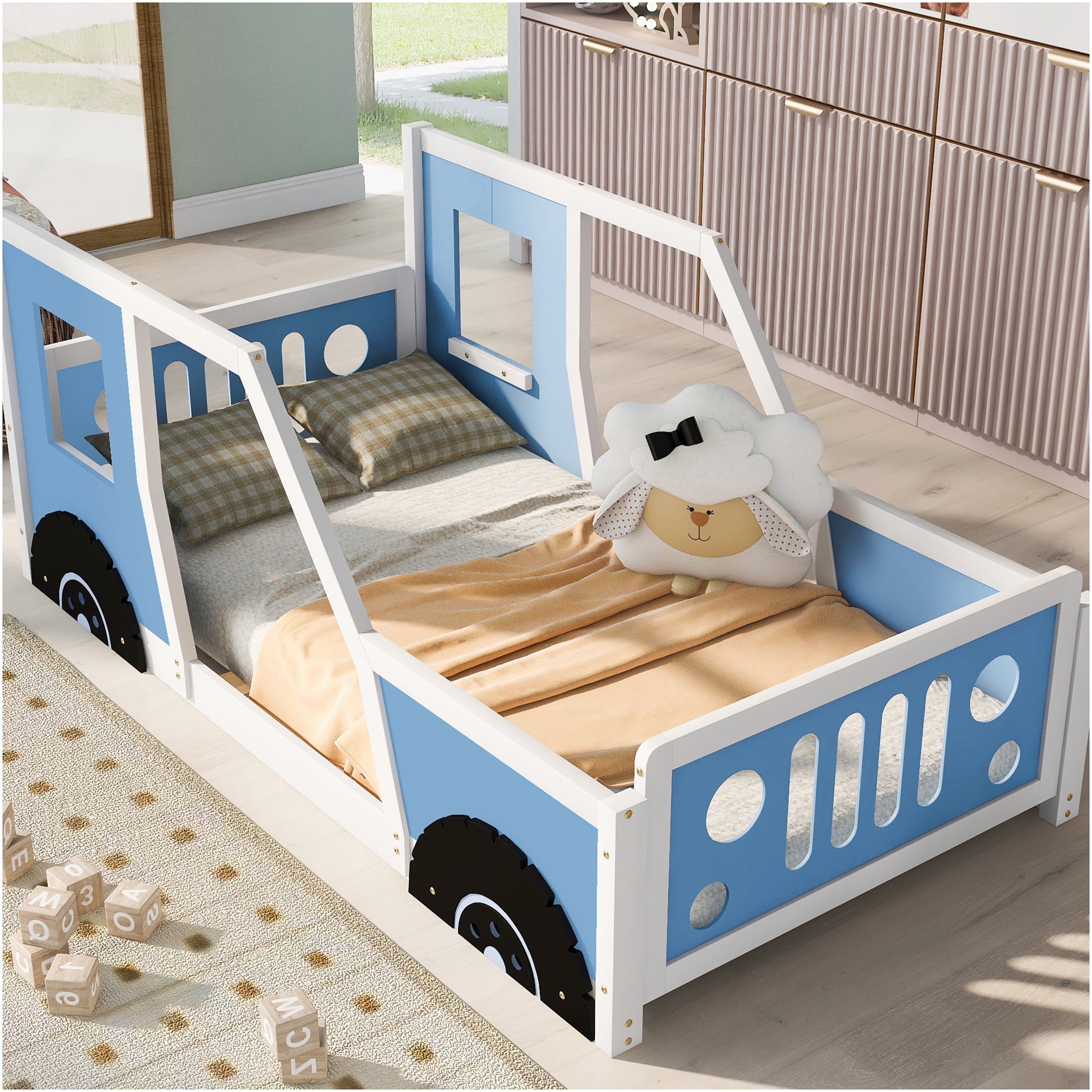 JERFIT Twin Size Race Car Platform Bed Frame with Wheels, Blue, Pine Wood MDF Construction, No Box Spring Needed
