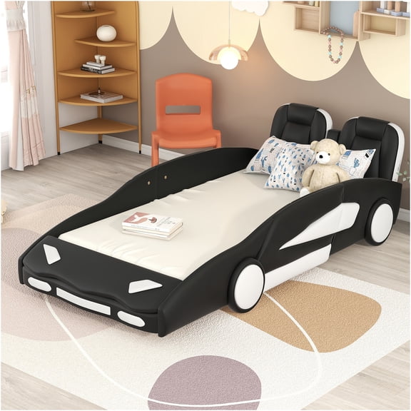 JERFIT Twin Size Race Car Platform Bed with Wheels, Black, Pine Wood Frame, No Box Spring Needed