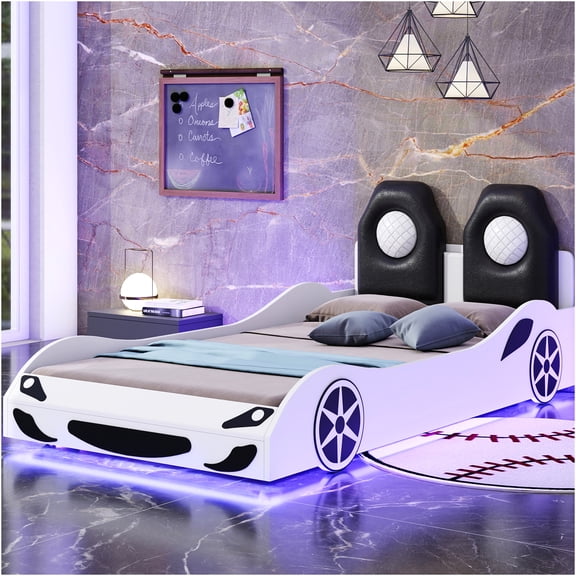 JERFIT White Twin Size Race Car Platform Bed with LED Lights, Upholstered Backrest & Safety Rails