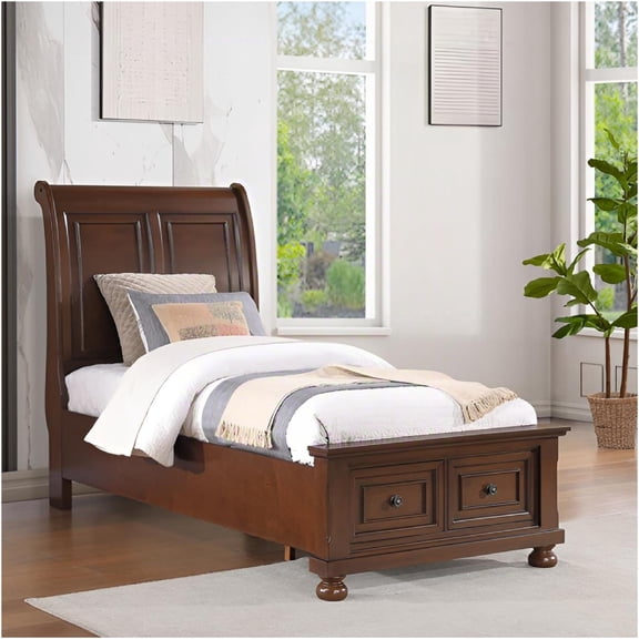 JERFIT Twin Size Sleigh Bed Frame with Storage Drawers, Dark Cherry Finish, Wood Platform Base No Box Spring Needed