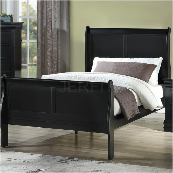 JERFIT Twin Size Sleigh Bed with Headboard Footboard, Solid Wood Frame, Black Cherry Finish, Panel Design for Bedroom