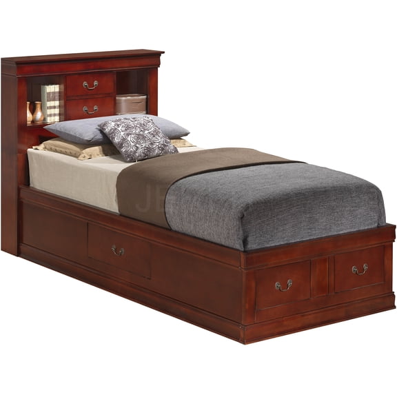 JERFIT Twin Size Storage Bed Frame with 2 Drawers, Classic Cherry Finish Platform Bed with Headboard, Compact 84D x 45W x 49H Inches