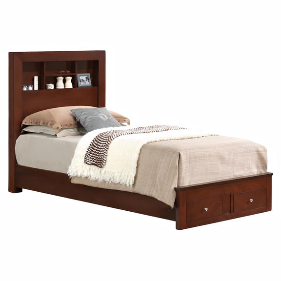 JERFIT Twin Size Storage Bed Frame with Headboard, Cherry Finish, Particle Board Platform Bed with Organizer Drawers for Small Space