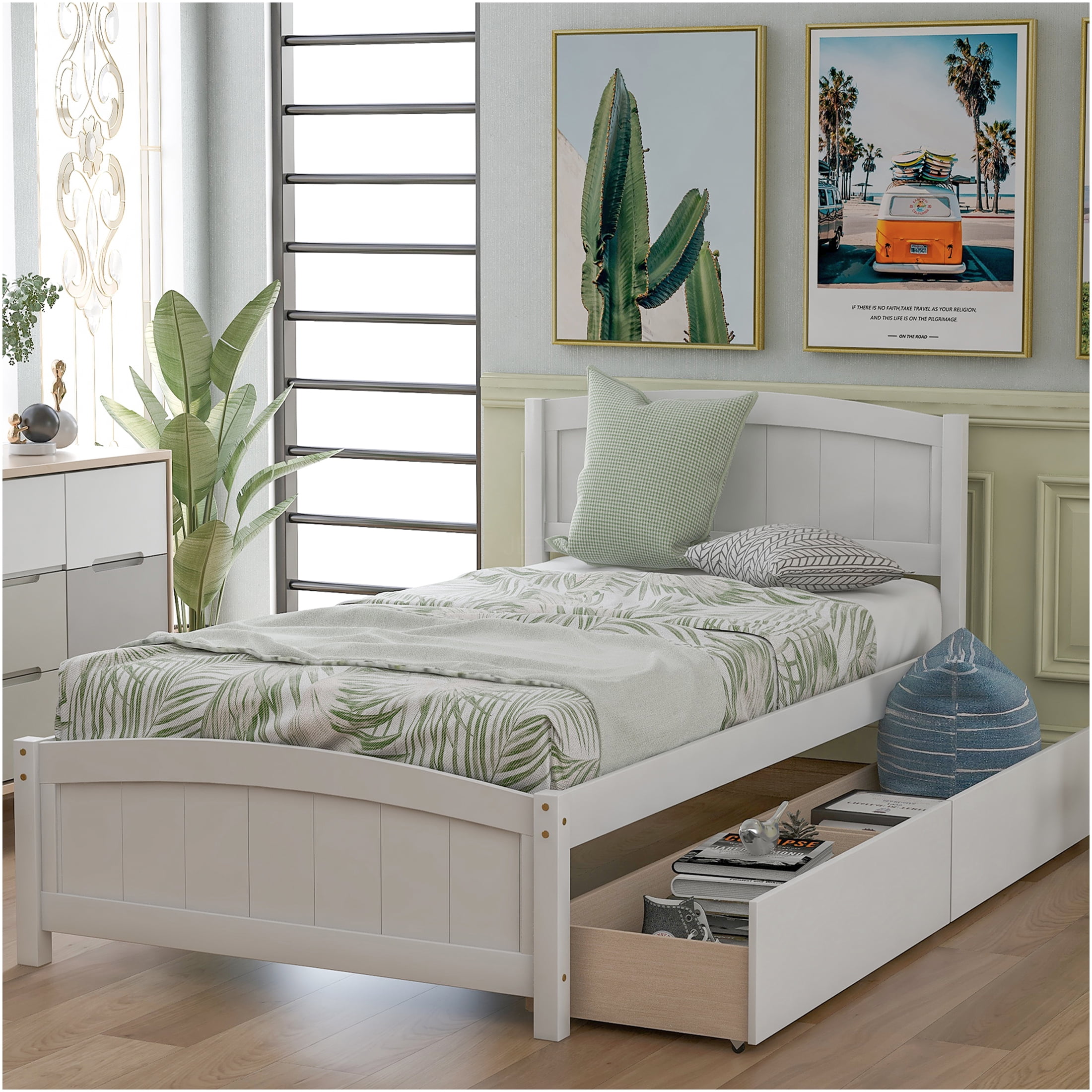 JERFIT Twin Size Storage Platform Bed Frame with 2 Drawers, White Solid ...