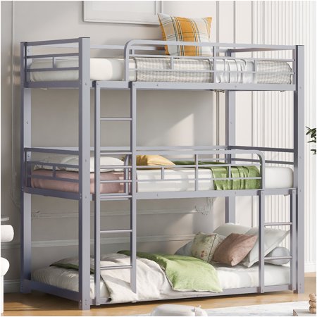 JERFIT 3 Tier Metal Triple Bunk Bed Frame, Twin Size, Heavy Duty Steel, Space Saving Design for Guest Room, Dorm, Silver Finish