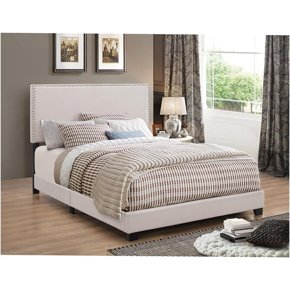 JERFIT Twin Size Upholstered Bed Frame with Nailhead Trim, Ivory Fabric and Chrome Accents for Modern Bedroom