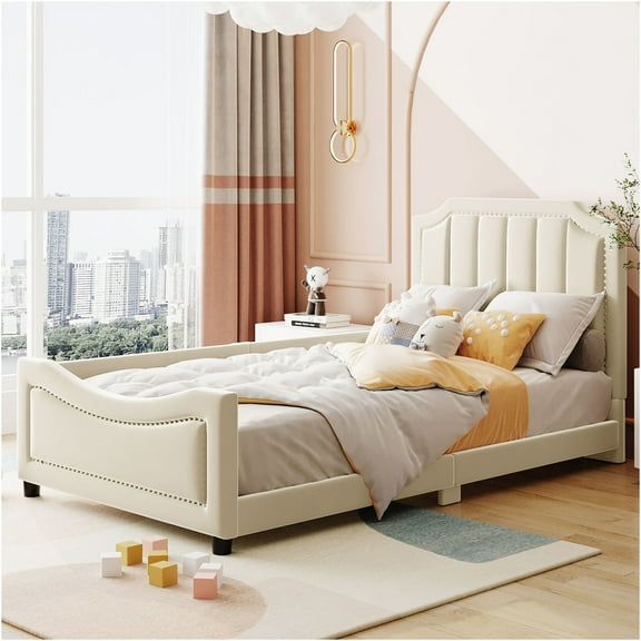 JERFIT Twin Size Upholstered Daybed with Classic Stripe Shaped Headboard Beige