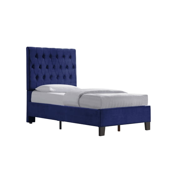 JERFIT Twin Size Upholstered Platform Bed Frame with Headboard, Navy Blue Fabric, Solid Wood Structure, Easy Assembly