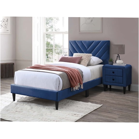 JERFIT Twin Size Velvet Upholstered Bed with Adjustable Headboard, 12-Slat Support System, Navy Blue Modern Platform Bed Frame, No Box Spring Needed