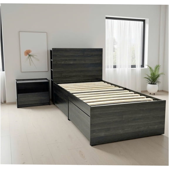 JERFIT Twin Storage Bed with Nightstand, Dark Gray Wood Platform Bed with Shelving Headboard, 4 Drawers