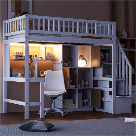 JERFIT Twin Wood Loft Bed with Desk, LED and Staircase, White