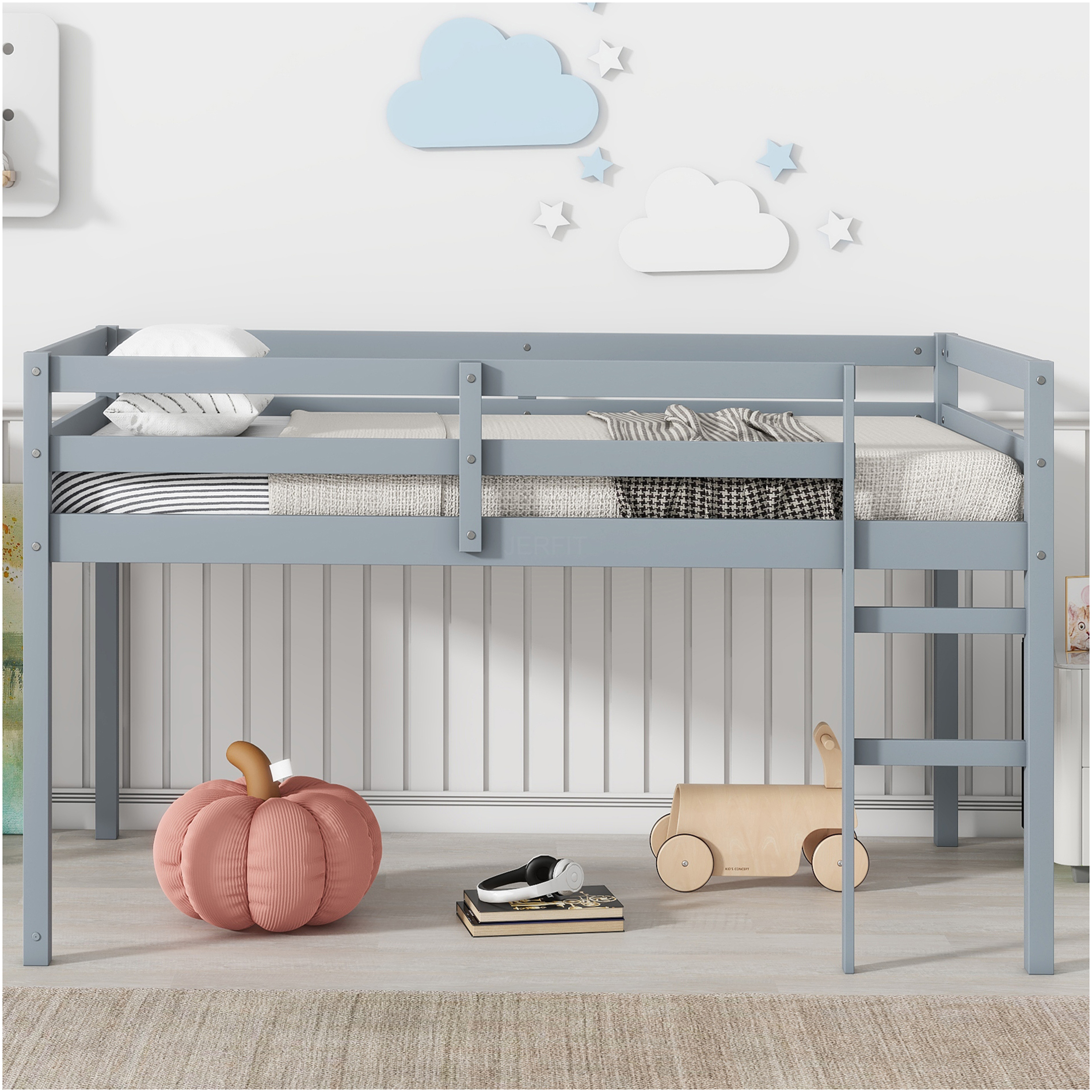 JERFIT Twin Wood Loft Bed with Ladder, Grey