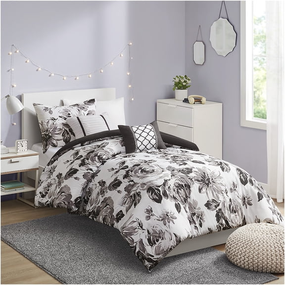 JERFIT Twin XL Floral Comforter Set, Black White Bedding Set with 4 Pcs, Microfiber, Anti-Microbial, Hypoallergenic, Machine Washable