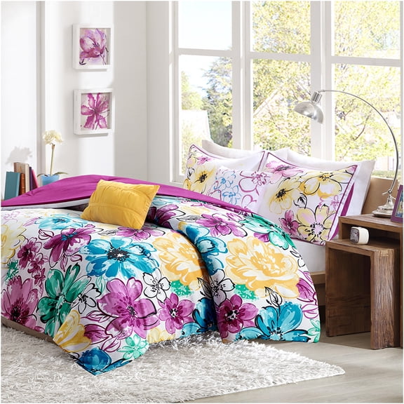 JERFIT Twin XL Floral Comforter Set Blue, Asymmetrical Print Bedding Set with Decorative Pillows, Hypoallergenic & Antimicrobial, Machine Washable Polyester