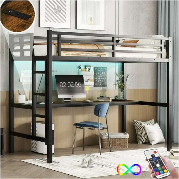 JERFIT Twin XL Loft Bed with Power Outlet, LED, Black
