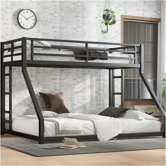 JERFIT Twin XL over Queen Metal Bunk Bed for Adults, Space Saving Heavy Duty Frame with Ladder & Noise Reduced Design, Black