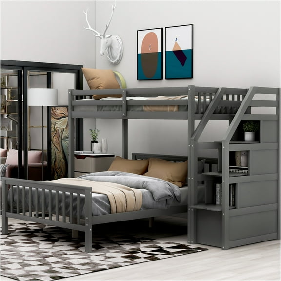 JERFIT Twin over Full Loft Bed with Staircase, Gray