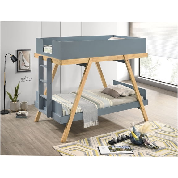 JERFIT Twin over Twin Bunk Bed, Blue Wooden Bunk Bed Frame with Ladder Safety Rails, Modern Farmhouse Style for Space Saving