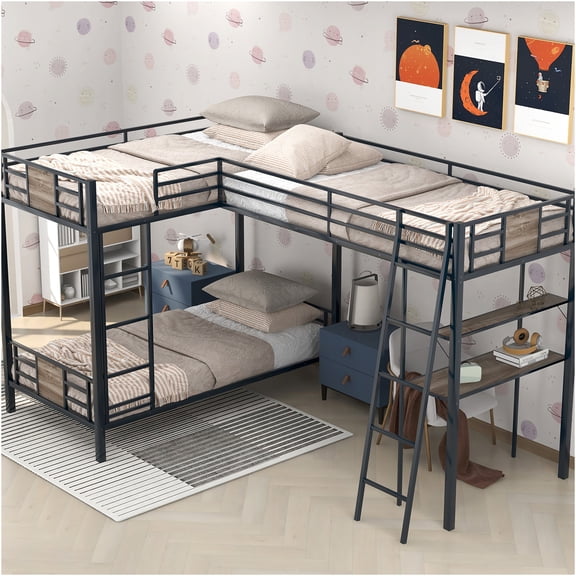 JERFIT L-Shaped Twin Bunk Bed with Study Desk and Shelves, Space-Saving Steel Loft Bed Frame, Brown Finish