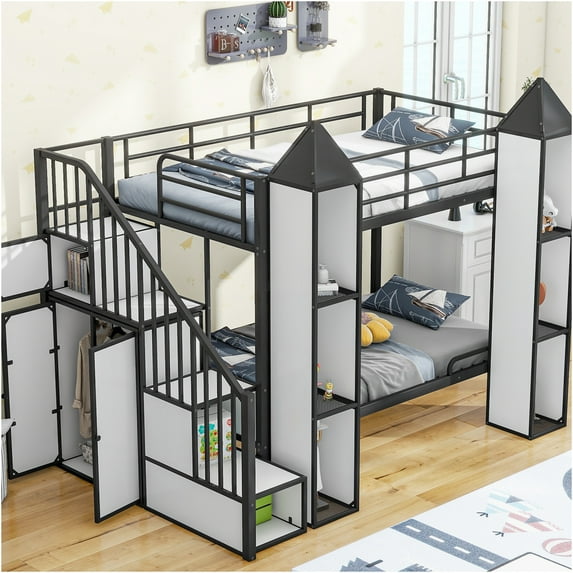 JERFIT Twin over Twin Bunk Bed with Wardrobe, Storage Stairs, Castle Design for Space Saving, Black and White Finish
