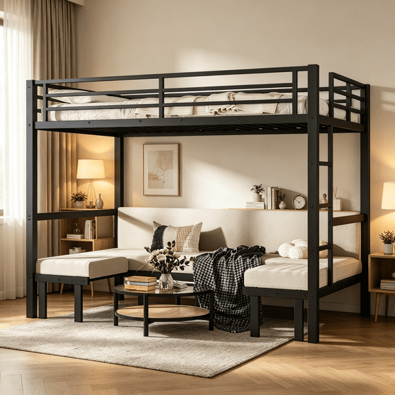 JERFIT Twin over Twin XL Metal Bunk Bed, Convertible Trundle Pull-Out Sofa Design, Full Safety Rails, Black