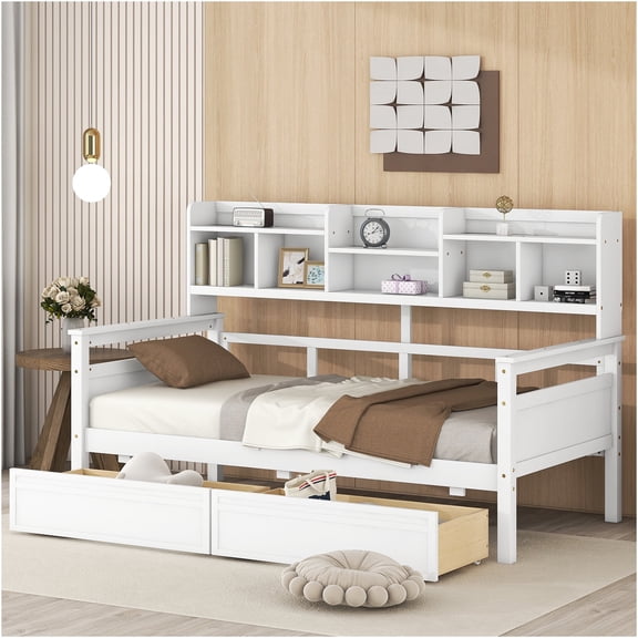 JERFIT- Twin Size White Daybed with Wood Slat Support, Storage Drawers (2) & Bedside Shelves, Space-Saving