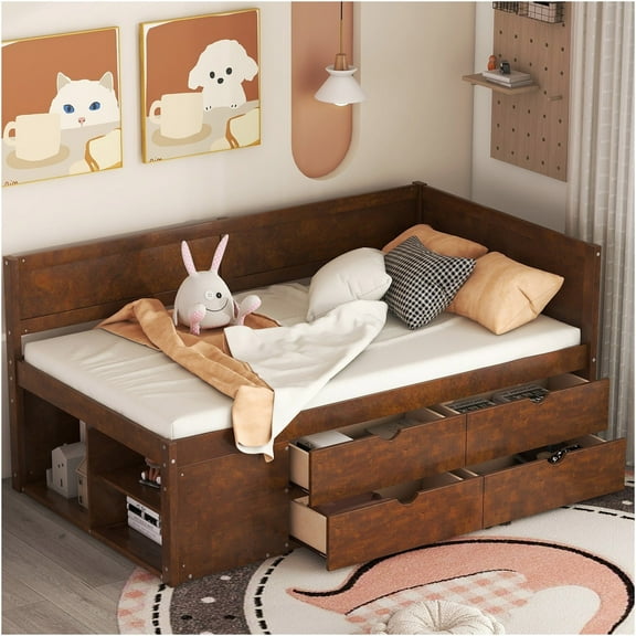 JERFIT Twin-sized Daybed with Storage Drawers and Shelving, Walnut