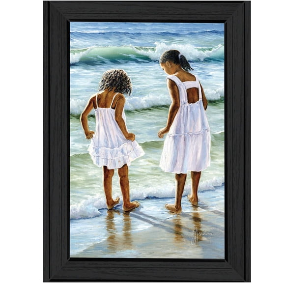 JERFIT "Two Girls at the Beach" Framed Print Wall Art, Multicolor Modern Picture in Black Frame for Living Room Decor, Ready to Hang Painting