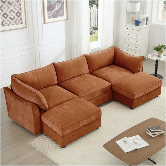 JERFIT U-Shape 3-Seater Sectional Sofa with Storage Ottomans, Chenille Fabric, Deep Seating Couch for Living Room, Modern Orange Modular Sofa