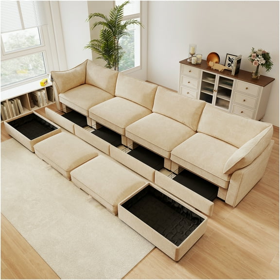 JERFIT U-Shape 4-Piece Sectional Sofa with Storage Ottomans, Modular Chenille Fabric Couch for Living Room, Wheat Color