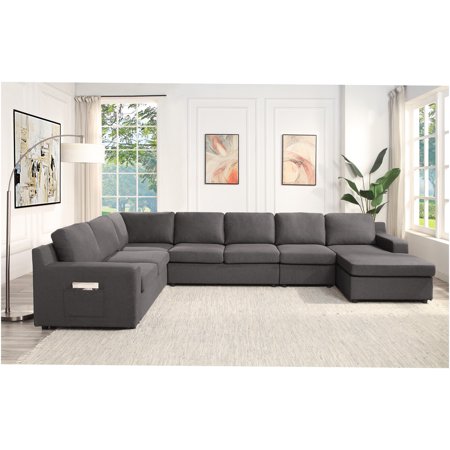 JERFIT Modern U-Shape Sectional Sofa with Chaise, 7-Seater Linen Fabric Couch for Large Living Room, Gray